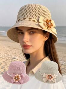 1 Peça Chapéu de Balde de Palha com Decoração Floral Oca para Mulheres, Chapéu de Sol de Verão com Aba Larga e Design Oco Respirável, Chapéu de Praia Leve e Dobrável Adequado para Viagens ao Ar Livre, Férias, Presente, Chapéu, Chapéu Feminino, Chapéu de Praia, Acessórios de Praia, Praia, Essenciais de Viagem, Chapéu de Sol - Multicolorido - Visão 1