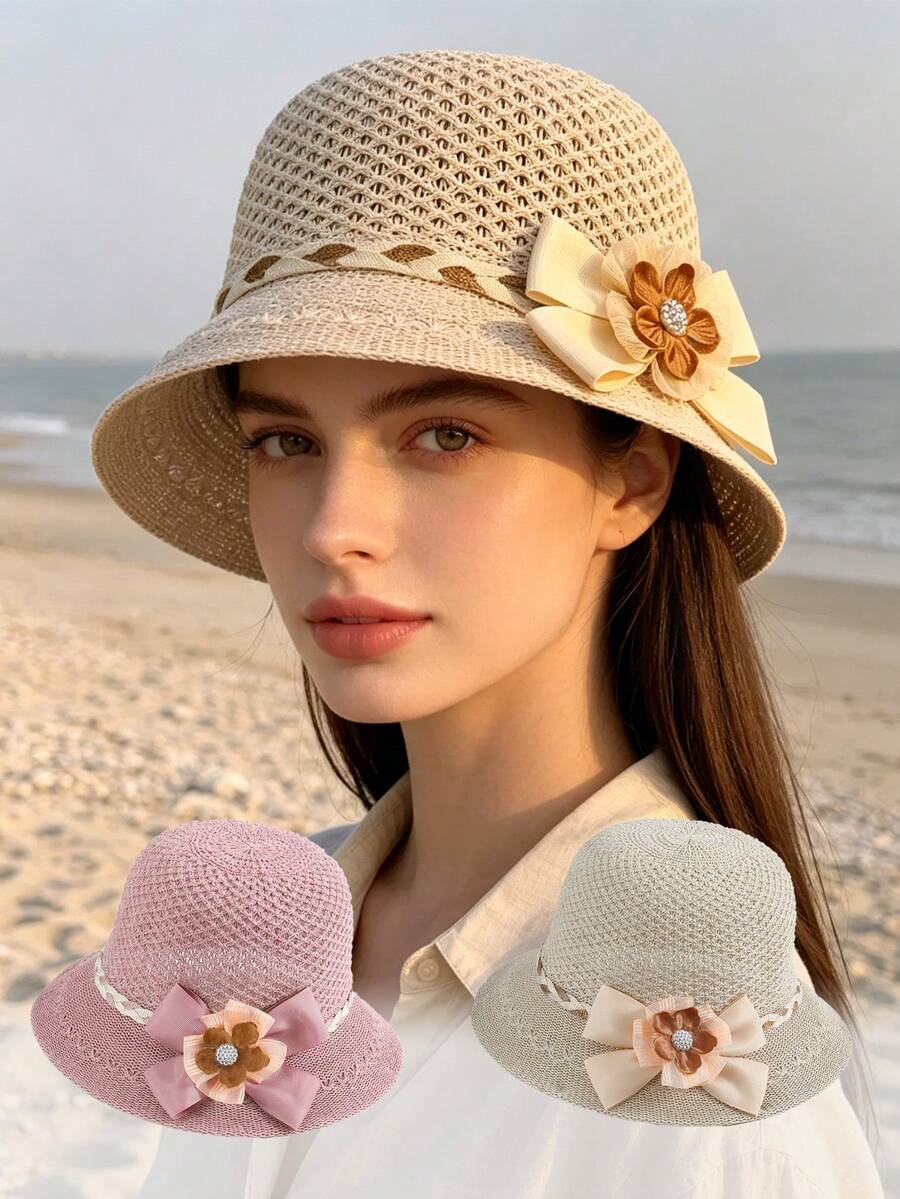 1 Peça Chapéu de Balde de Palha com Decoração Floral Oca para Mulheres, Chapéu de Sol de Verão com Aba Larga e Design Oco Respirável, Chapéu de Praia Leve e Dobrável Adequado para Viagens ao Ar Livre, Férias, Presente, Chapéu, Chapéu Feminino, Chapéu de Praia, Acessórios de Praia, Praia, Essenciais de Viagem, Chapéu de Sol - Multicolorido - Visão 1