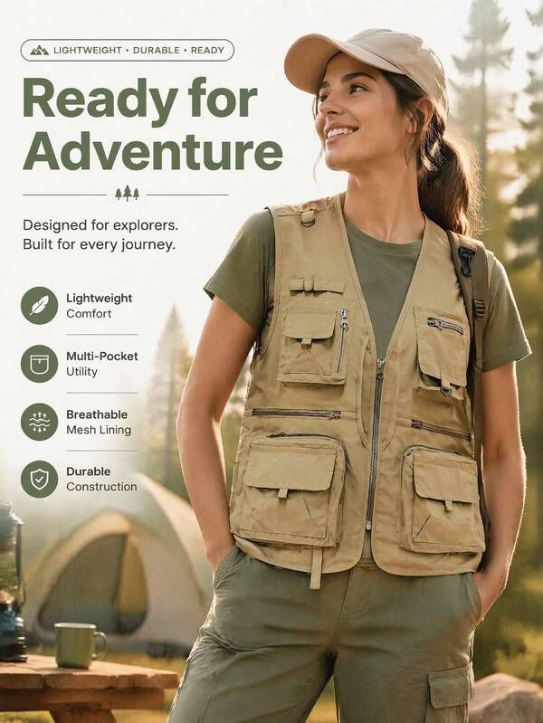 1pc Women's Sports Outdoor Sleeveless Vest, Hiking, Camping, Fishing, Climbing, Casual All-In-One Multi-Functional Pocket Vest Utility Jacket, Outdoor Adventure Women's Sleeveless Vest