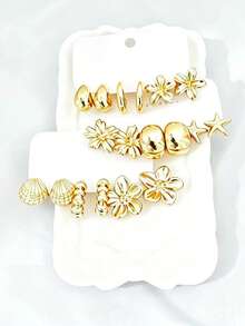 3/9 Pairs Gold Metal Earrings Set, Beach Vacation Style Starfish Shell Flower Water Drop C-Hoop Stud Earrings - Gold - View 3