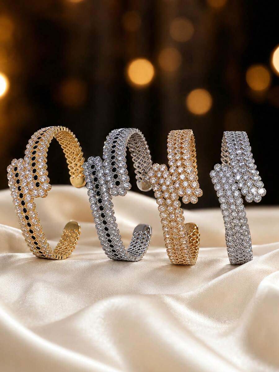 1pc Cold Elegant Vintage Contrast Color Wide Cuff Bracelet, Multi-Layer Wavy Ruffle Design, Daily Wear Gift, Luxurious Elegant Women's Jewelry - Bracelet - View 1