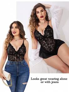Women Plus Size One Piece Lace Bodysuit Strap Chemise Sheer Mesh Teddy - Black - View 4