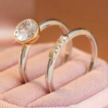 Minimalist Dual-Tone Stackable 2-Piece Ring Set, Bezel-Set Round Cubic Zirconia, Elegant And Versatile, Suitable For Daily Wear And Engagement Accessory - Silver - View 6