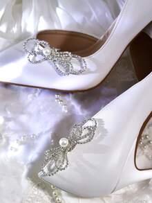 1 Pair/2pcs Exquisite Silver Rhinestone & Pearl Shoe Clips, Bridal Wedding Dress Accessories, Versatile High Heel Wedding Shoe Buckles - Silver - View 3