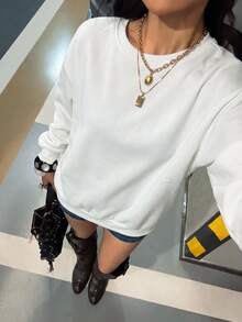 Sweatshirt Wanita Model Longgar Minimalis Warna Polos Kasual Serbaguna untuk Musim Gugur/Dingin Terbaru - Putih - View 3