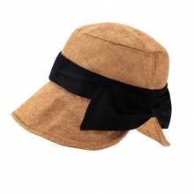 New Hot-Selling Fashion Personalized Elegant Versatile Japanese Style Linen Bow Bucket Hat Women's Summer Wide Brim Sun Protection Bucket Hat Breathable Lightweight Back Split Sun Hat - Upgraded Linen Wrinkle - View 3