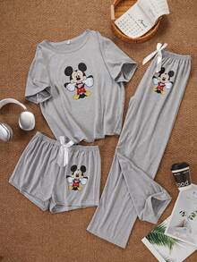 Disney Women's Cartoon Print Short Sleeve Top, Long Pants And Shorts Casual Daily Home Sleepwear Set - Multicolor - View 3