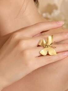 1/5pcs Gold Bow & Flower Open Ring Set, Oversized Hollow Wide Cuff Stackable Rings - D064-5pcs - View 6