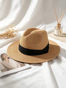 1 pieza Sombrero fedora de paja de papel tejido a mano, sombrero de sol transpirable ligero y plegable, ala ancha con protección UV y cinta negra, para mujer y hombre, playa y viajes - Multicolor - Ver 6