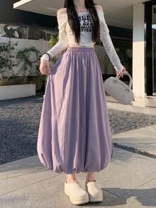 Women's Elegant High Waist Long Puff A-Line Skirt With Pockets, Woven Fabric, Suitable For Spring And Autumn - Lilac Purple - View 4