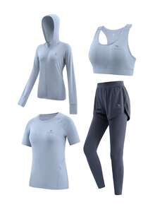 CAMEL CROWN Women's 4-Piece Yoga Running Sports Set, Premium Long Sleeve Spring Workout Outfit, Quick-Dry Breathable Fitness Apparel - Sky Blue/nautical Blue - View 1