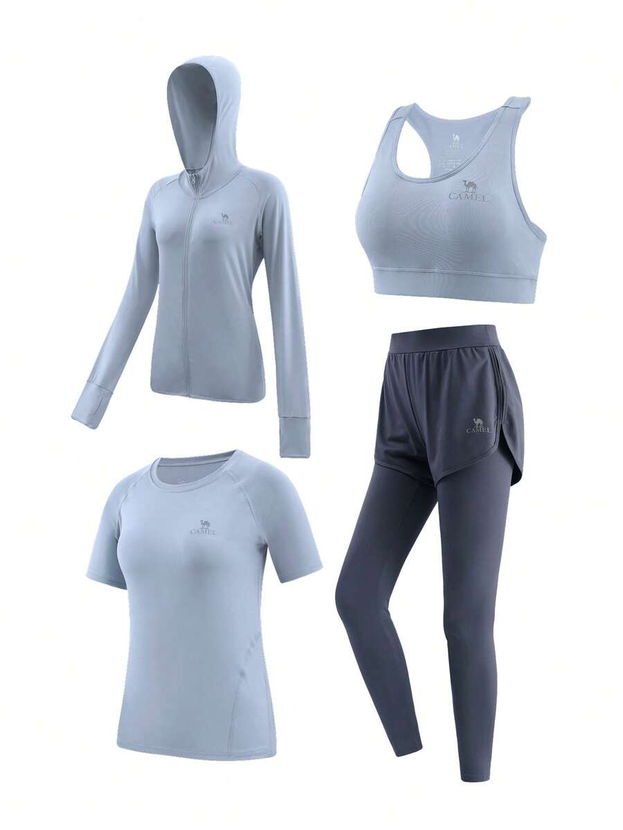 CAMEL CROWN Women's 4-Piece Yoga Running Sports Set, Premium Long Sleeve Spring Workout Outfit, Quick-Dry Breathable Fitness Apparel - Sky Blue/nautical Blue - View 1