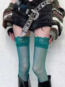 STAR RIVER 1 Pair Vintage Green Y2K Lace Over-The-Knee Stockings, Sexy Punk Subculture Style, Back To School Halloween - Multicolor - View 2