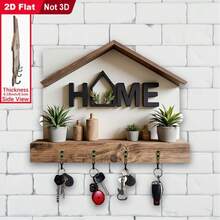 1pc Wooden Multi-Function Wall Key Rack With 4 Metal Hooks, Rustic Vintage Entryway Home Decor Organizer, 2D Flat Design Room Kitchen Villa Storage Hanging Shelf For Seasonal Decoration Organization - Multicolor - View 1