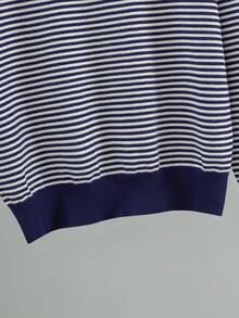 Navy Blue Patchwork Striped Crew Neck Knit Sweater, Minimalist Commuter Inner Layer, Segmented Color Block Design Adds Rich Layers, Fine Horizontal Stripe Texture Soft And To The Eye, Fitted Ribbed Hem Enhances Body Proportion - Navy Blue - View 6