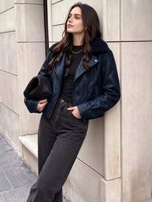 Fall Vintage Navy Fleece Collar Moto Cropped Jacket For Women, Asymmetric Zipper Loose Biker Outerwear For Work Party - Blue - View 7
