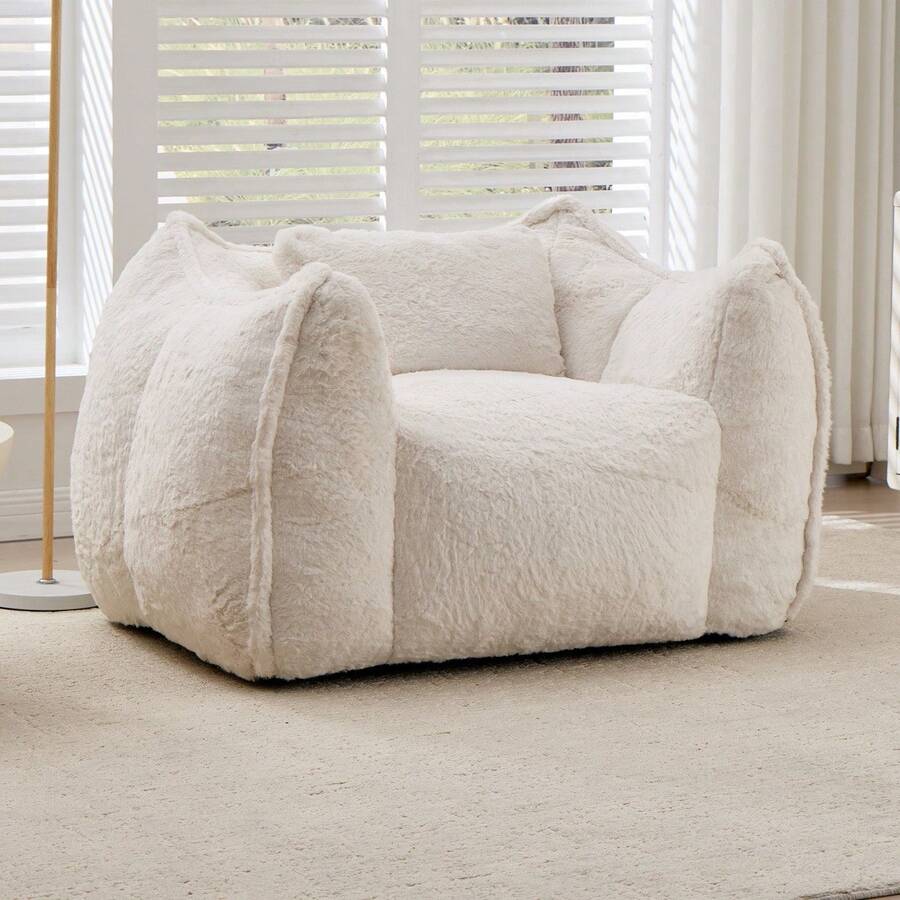 Modern, Minimalist Style. Giant Faux Fur Beanbag/Sofa In A Rug Style. Beanbag With 1 Cushion. No Assembly Required. Smooth Surface. Suitable For Living Rooms, Bedrooms, And Apartments. - Beige - View 1