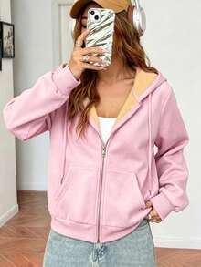 Women's Warm Lined Hooded Zip-Up Sweatshirt, Outdoor Casual Winter Sweatshirt, Versatile For Multiple Occasions - Pink - View 3