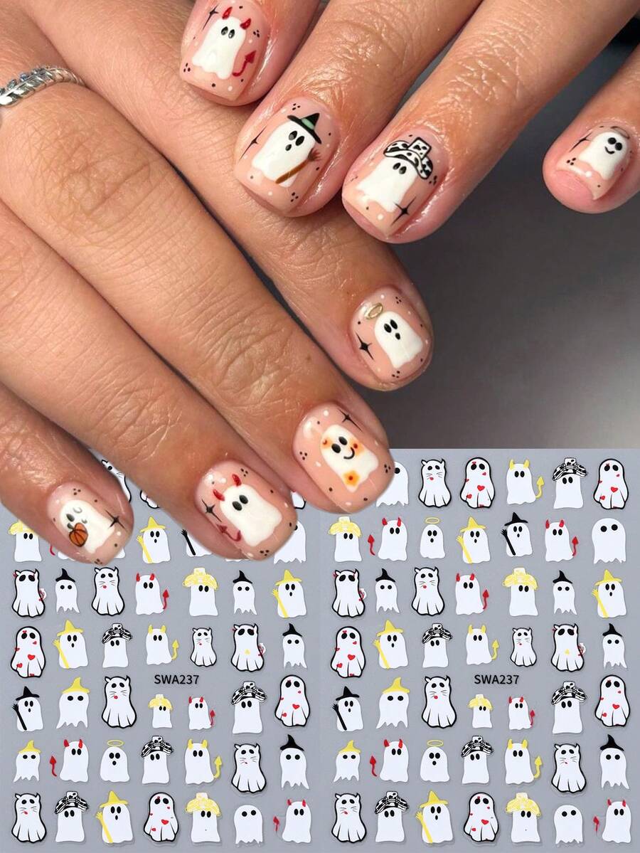 SWEET TREND 3D Cartoon Ghost Nail Stickers 2pcs White Colorful Cute Halloween Ghost Spooky Heart Design DIY Y2K Kawaii Autumn Winter Festival Self-Adhesive Salon Decals Nail Art Decoration Nail Supplies For Women And Girls Gift - Multicolor - View 1