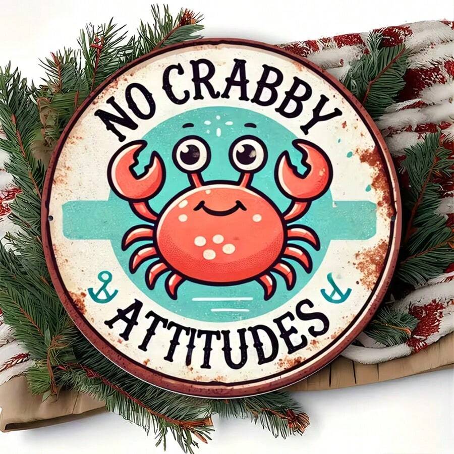 1件 7.87x7.87英吋復古「No Crab Attitude」圓形金屬標誌 | 8英吋手工牆飾,適用於居家、宿舍、酒吧、咖啡廳、泳池、花園裝飾,鄉村風設計,復古標誌 - B - 查看 1