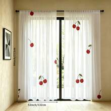 2pcs Red Cherry Pattern Sheer Curtains. The Vibrant Red Cherries With Green Stems And Leaves Allow Good Light Penetration, Creating A Fresh Fruity Style Suitable For Living Room, Dining Room And Kitchen. - Multicolor - 2pcs - View 16