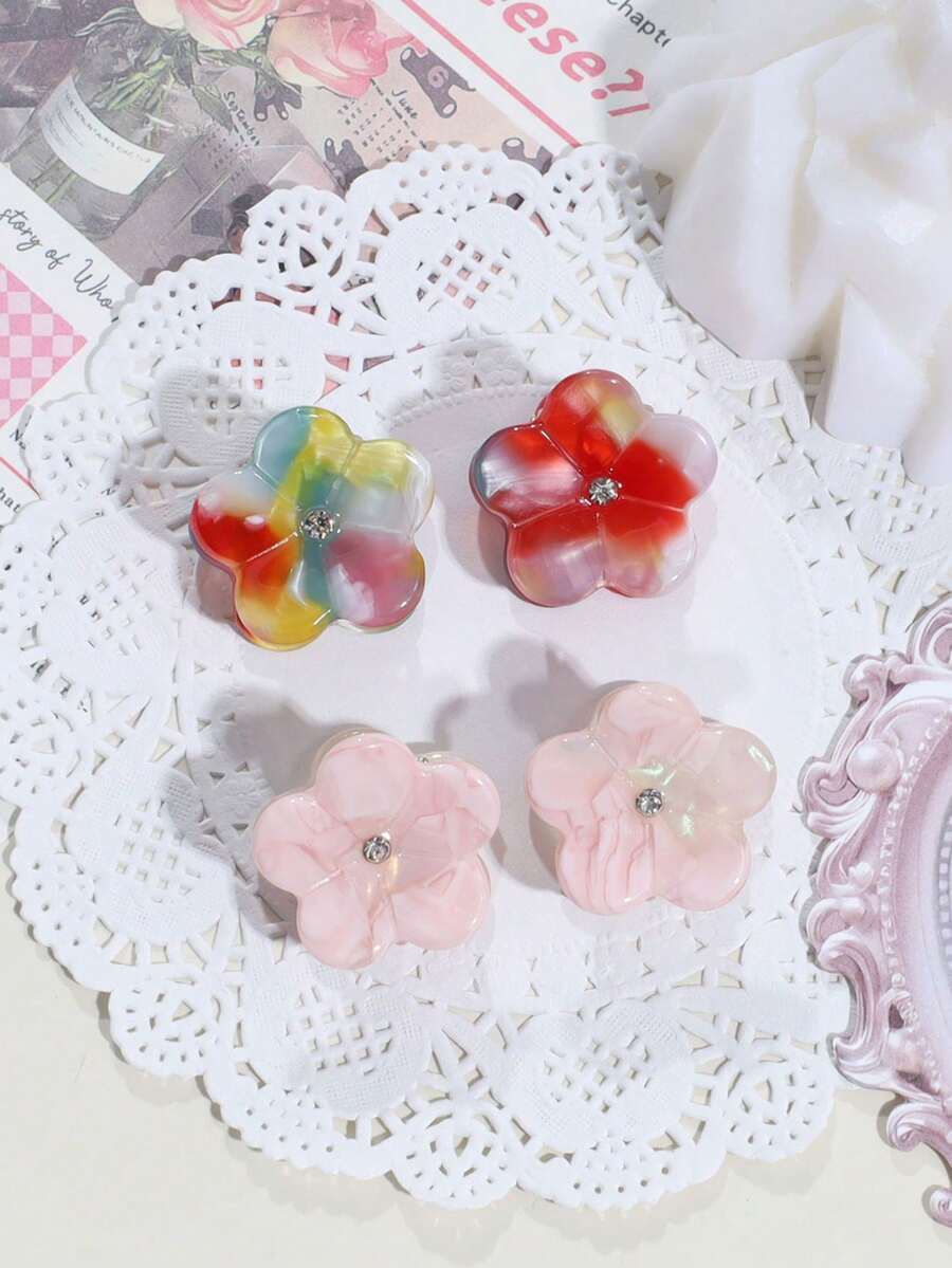 4pcs Cute Sweet Floral Casual Rhinestone Acetate Mini Hair Claw Clips (Color Variation Is Normal) - Multicolor - View 1