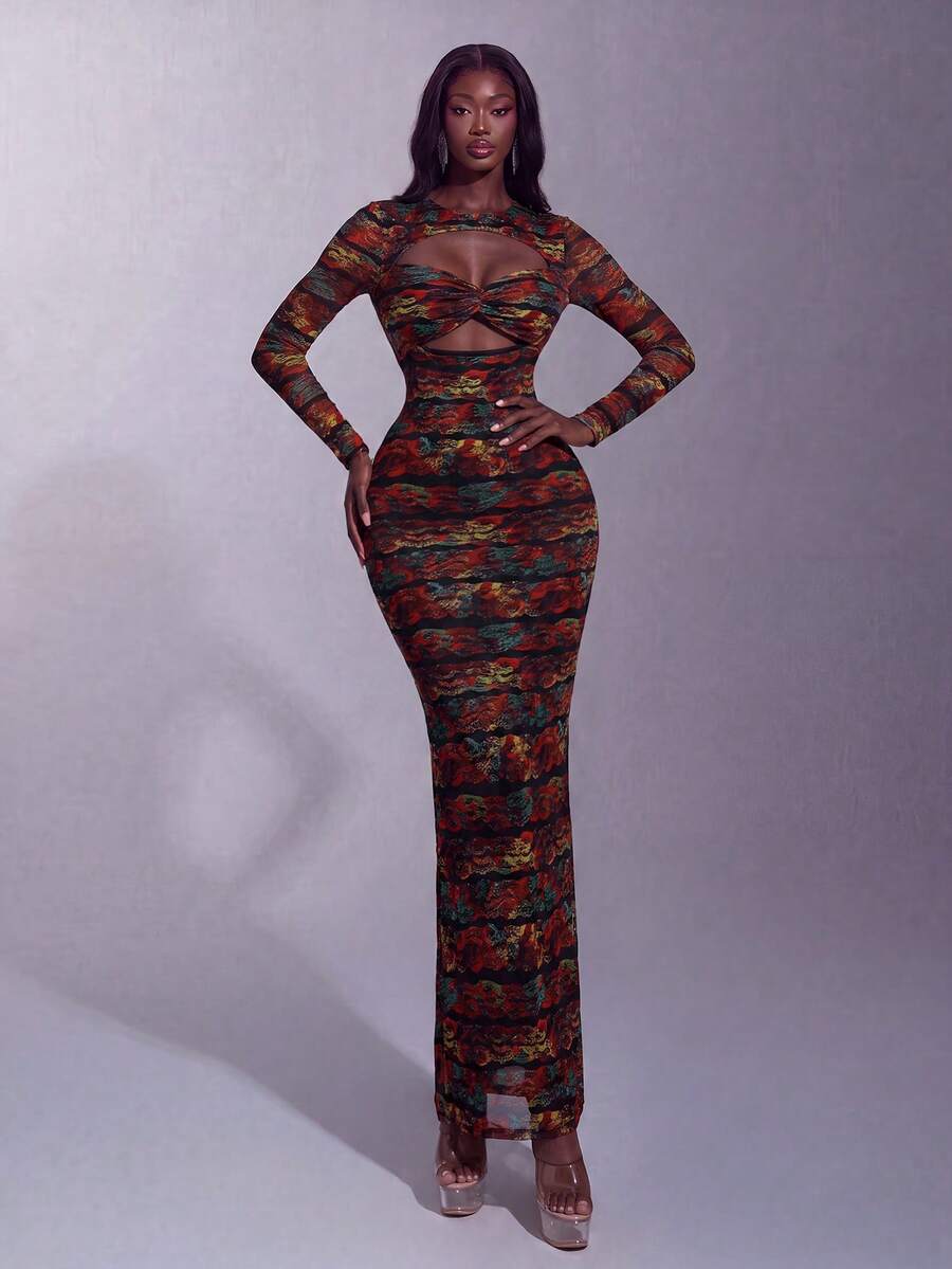 Vestido de Festa Elegante Feminino Impresso com Tela Vazada, Adequado para Festas, Galas Formais, Eventos de Moda, Sessões de Fotos e Atividades Noturnas, Casamento, Férias, Festa da Primavera