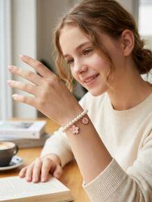 1pc Sweet Pink Flower & Initial Letters Charm Pearl Bracelet For Teengirls Summer Beach Street Party Outdoors Daily Wear For Anniversary & Birthday Gi - Pink - View 1