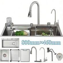Juego de fregadero de cocina Mcmxtap de níquel cepillado, fregadero de cocina de acero inoxidable 304 de un solo compartimento con efecto cascada, grifo monomando con rociador extraíble, fregadero de cocina con tabla de cortar, cesta de drenaje, lavavasos y grifo purificador de agua (80 x 46 cm) - Níquel cepillado - Ver 1