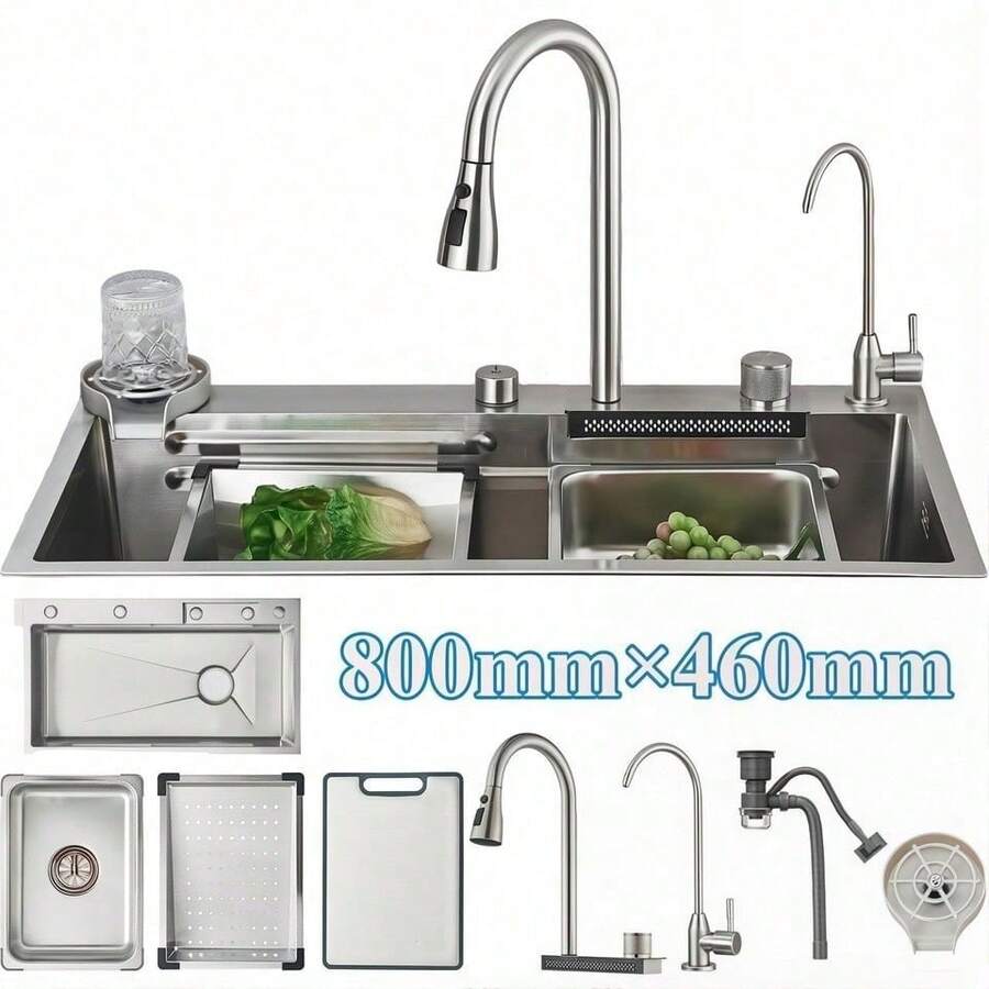 Juego de fregadero de cocina Mcmxtap de níquel cepillado, fregadero de cocina de acero inoxidable 304 de un solo compartimento con efecto cascada, grifo monomando con rociador extraíble, fregadero de cocina con tabla de cortar, cesta de drenaje, lavavasos y grifo purificador de agua (80 x 46 cm) - Níquel cepillado - Ver 1