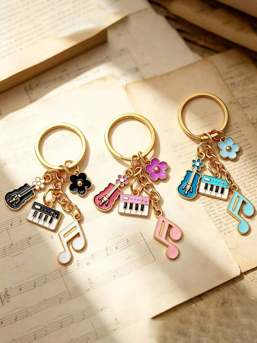 1pcArtistic Piano Notes Cat Keychain, Mini Piano Guitar Small Flower Pendant, Girl Heart Student Schoolbag Charm, Musical Instrument Gift - Multicolor - View 1
