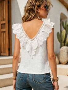SUNSTORY Atasan Tank Top Wanita Warna Polos Musim Gugur dengan Bordir Berongga dan Hiasan Ruffle, Blus Kasual Serbaguna dengan Leher V Dalam dari Katun Murni, Cocok untuk Liburan Pantai, Perjalanan Sehari-hari, Bepergian, dan Berbelanja di Toko - Putih - View 9