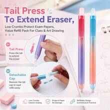 Press Eraser Pen Set, 4PCS Retractable Eraser Pens With 10 Replacement Eraser Refills, Classic & Gradient Color Pencil Eraser Pens For School, Office, Drawing, Sketching, Notes And Stationery Supplies - Multicolor - View 5