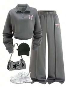 Sweatshirt dan Celana Panjang Berkerah Tegak dengan Motif Kartun untuk Remaja Perempuan - Dark Grey - View 1