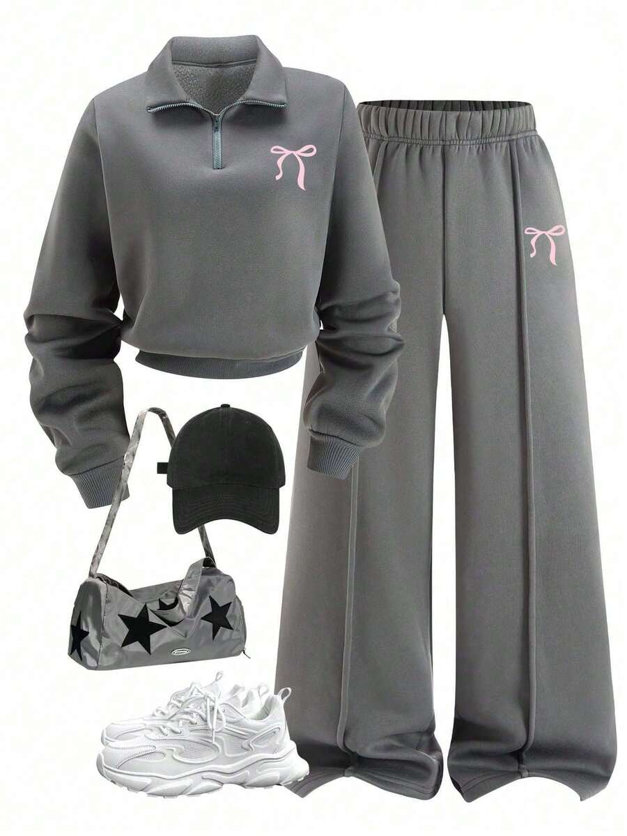 Sweatshirt dan Celana Panjang Berkerah Tegak dengan Motif Kartun untuk Remaja Perempuan - Dark Grey - View 1