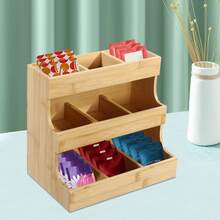 Organizer per bustine di tè in bambù a 3 piani, con 9 scomparti di diverse dimensioni, scatola da tavolo a forma di trapezio per caffè, zucchero e spezie - Colore legno - Visualizzare 4
