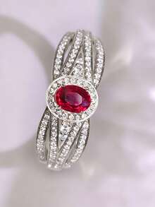 Vanel 1 pieza Anillo de lujo estilo vintage con 4 capas entrelazadas y retorcidas, piedra principal roja, adecuado para fiesta de noche, boda, reunión anual, llamativo y de alta gama bajo la iluminación - Plateado - Ver 3