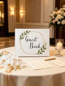 1pc Mori Style Gold Frame Green Leaf Wedding Guest Book, White Hardcover Foil Stamped Botanical Wreath Guest Message Memorial Album, With Pink Ribbon Bookmark, Minimalist Fresh Ins Style Wedding Decor, Suitable For Western Wedding, Engagement Party, Anniversary Party, Outdoor Lawn Wedding Guest Signature Keepsake, Watercolor Branch Leaf Geometric Gold Edge Design Cover, Elegant And Sophisticated - A - View 10