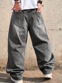 1 buah Celana Jeans Pria Model Longgar Kaki Lebar Gaya Vintage, Tidak Melar, Cocok untuk Pakaian Kasual dan Kerja - Grey - View 2