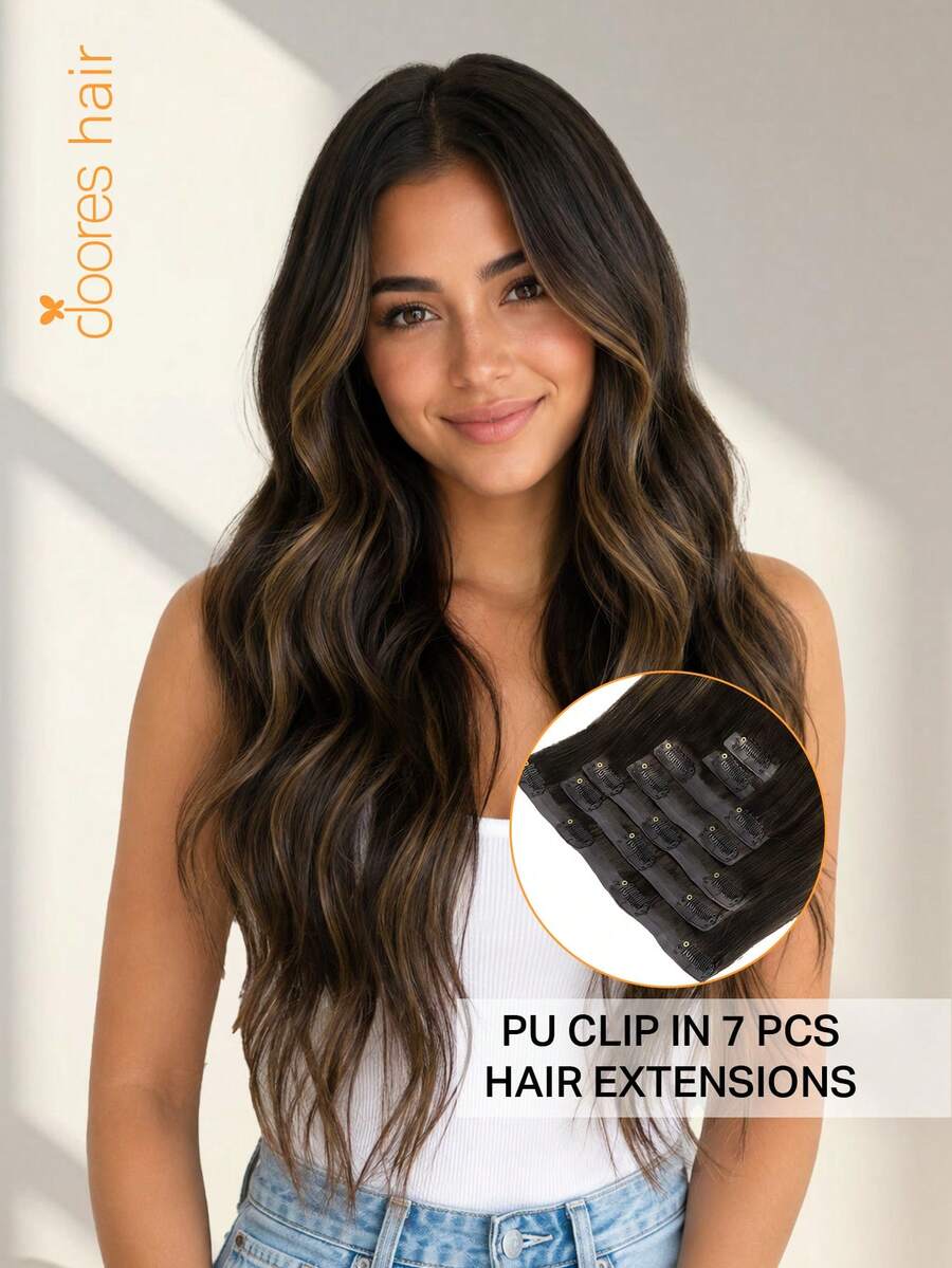 DOORES Seamless PU Clip-In Hair Extensions 7pcs 110g Real Human Hair Dark Brown To Chestnut Brown 100% Human Hair Invisible Comfortable Natural Blending Suitable For Women Easy To Wear - S2/10 - View 1