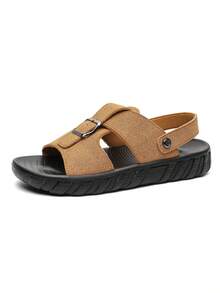 Sandalias de cuero planas casuales de unicolor para hombre, de moda para verano, playa y hogar - Naranja - Ver 2