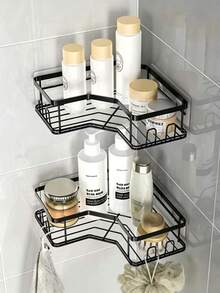 Minimalist Corner Storage Basket, Comes With Traceless Adhesive Hooks, Hollow Wrought Iron For Easy Cleaning, Right-Angle Fits Wall Without Taking Space, Corner Storage Rack, Suitable For Toiletries In Bathroom, Seasonings In Kitchen And Beauty Sundr - Multicolor - View 2