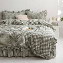 Sage Green Gingham Duvet Cover King, 3-Piece Ruffled Bedding Set - 100% Washed Cotton, Breathable Lightweight Fabric - Farmhouse Boho Chic Variant 1 - 002 Ruffle- Green Gingham - View 2