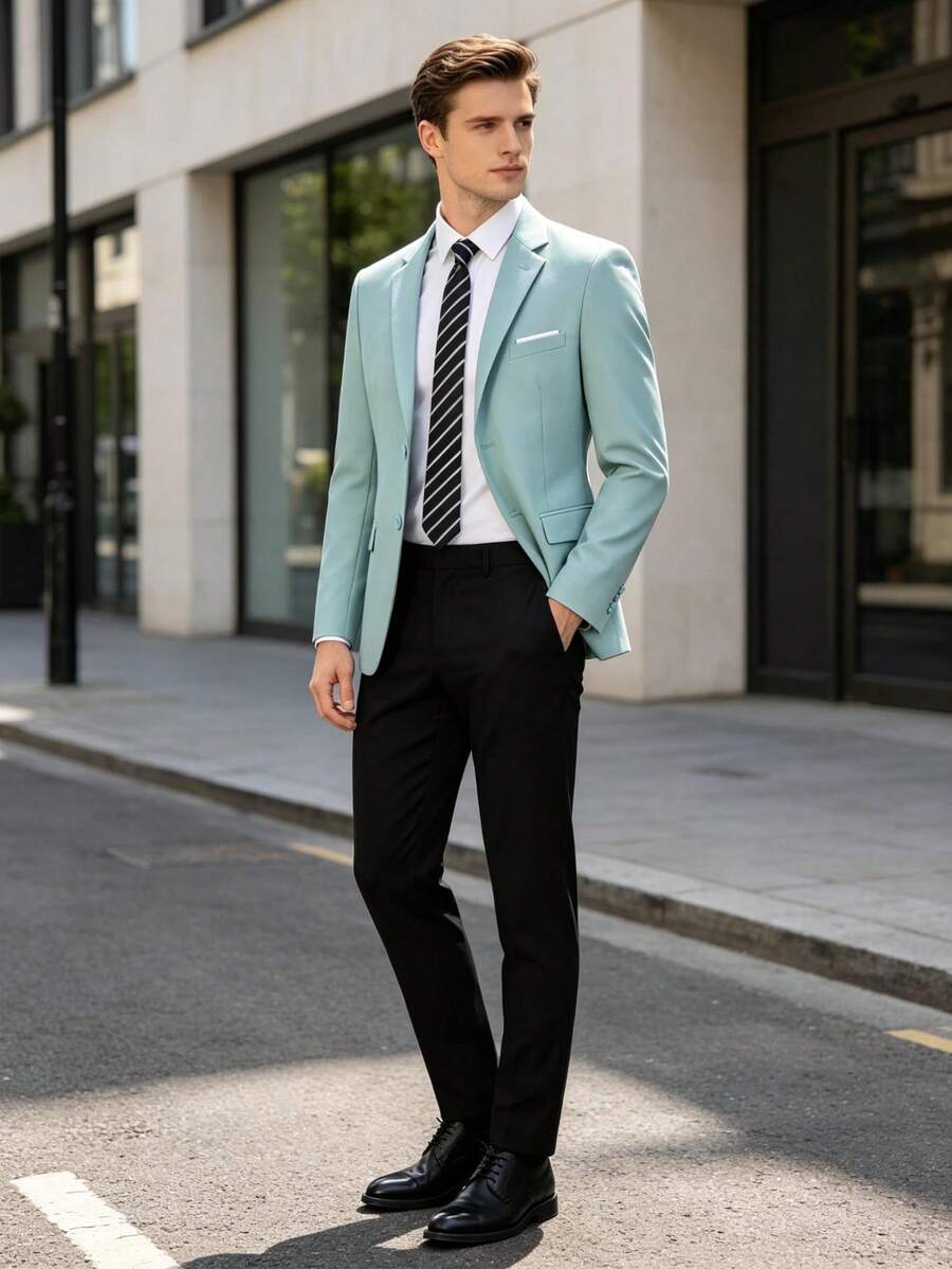 Men's Slim Fit Business Casual 2-Button Travel Suit Jacket, Solid Color Party & Ball Suit - Mint Blue - View 1