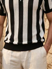 ALTZTAR Hollow Out Breathable Striped Knit Polo Shirt For Men - Black - View 3