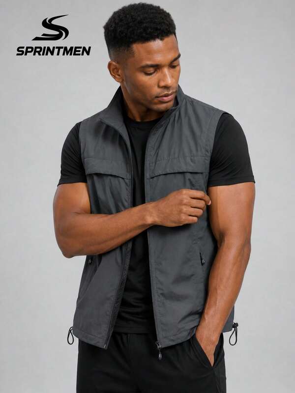 1pc Men's Gray Collar Multi-Pocket Casual Vest, Outdoor Sports Boyfriend Style, Machine Washable, Suitable For Hiking, Camping, Fishing, Comfortable Outdoor Wear