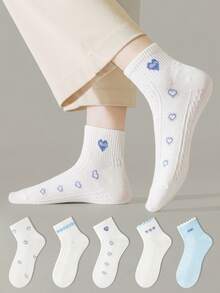 ZUJO 5 Pairs Women's Blue And White Short Socks, Letter And Heart Pattern, Suitable For Spring, Autumn, Summer Daily Wear, Simple And Comfortable, Random Color - Multicolor - View 1