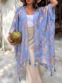 1pc Elegant Versatile Floral Pattern Gold Foil Print Linen Pendant Shawl, Women's Spring/Summer Fashion Outerwear, Vacation Travel Sun Protection Decorative Cardigan Shawl, Suitable For Daily Matching, Perfect Gift Choice - Sky Blue - View 7