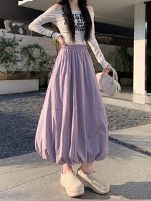 Women's Elegant High Waist Long Puff A-Line Skirt With Pockets, Woven Fabric, Suitable For Spring And Autumn - Lilac Purple - View 3