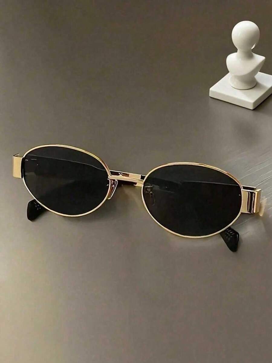 1 Pair Oval Metal Frame Glasses, Fashionable And Versatile, Suitable For Daily Wear, Beach Vacation, Street Style, Summer Beach Holiday, Outdoor Activities And Travel - Multicolor - View 1